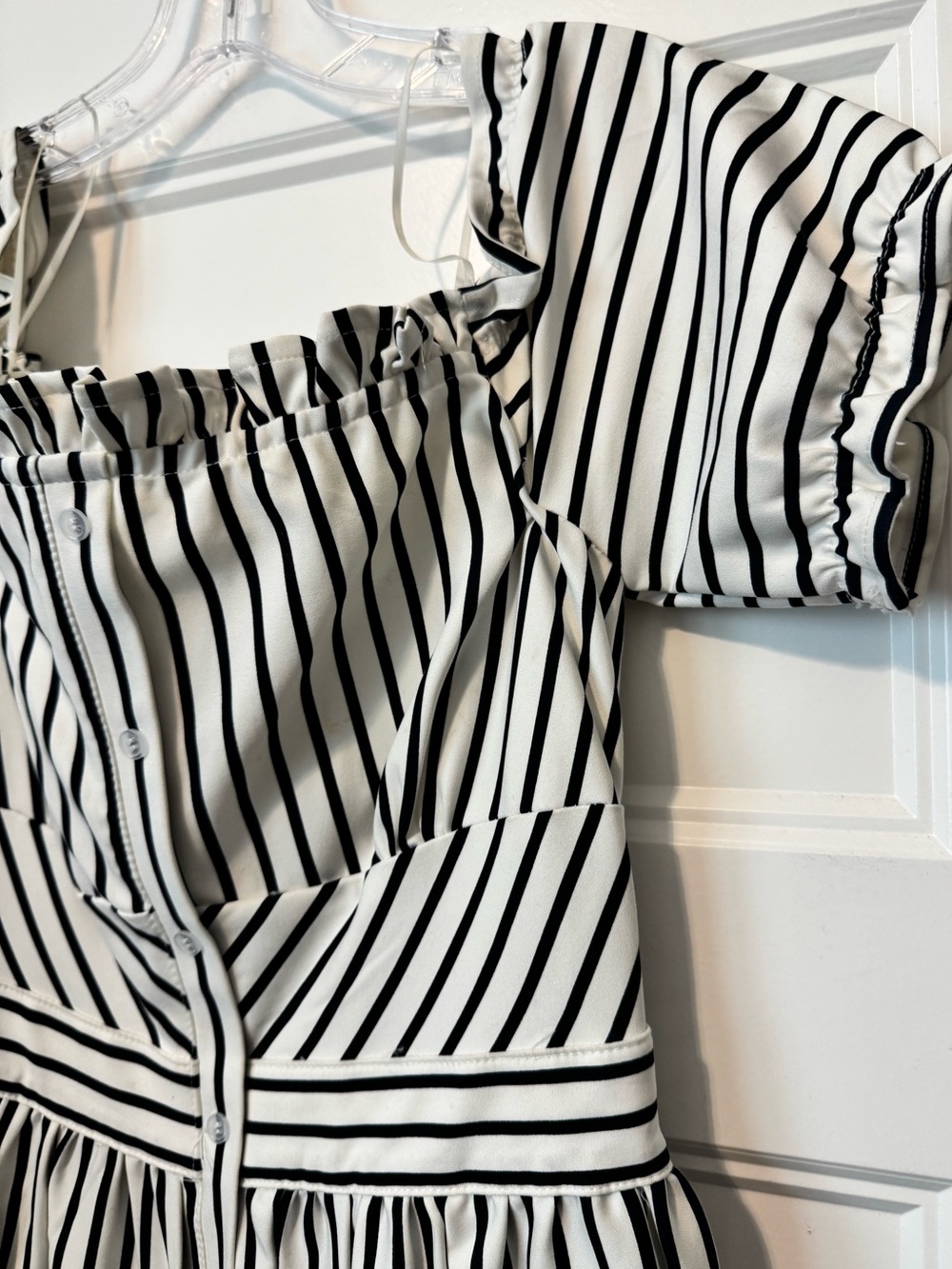 Striped Midi Dress Off Shoulder Corset Style Black White Button Front Ruffle Hem - Picture 4 of 7